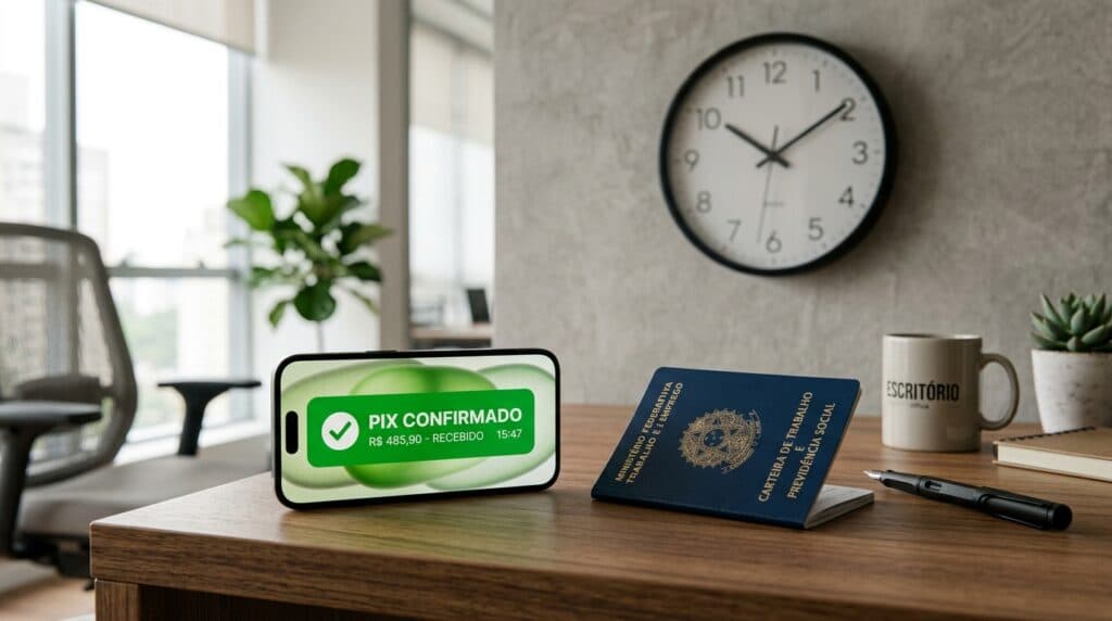 Smartphone confirmando Pix e carteira de trabalho para empréstimo CLT que cai na hora