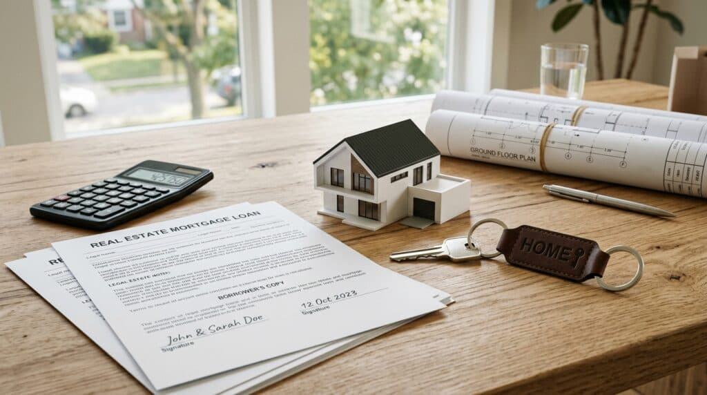 Maquete de casa moderna com chave, calculadora e contrato de financiamento imobiliário sobre a mesa