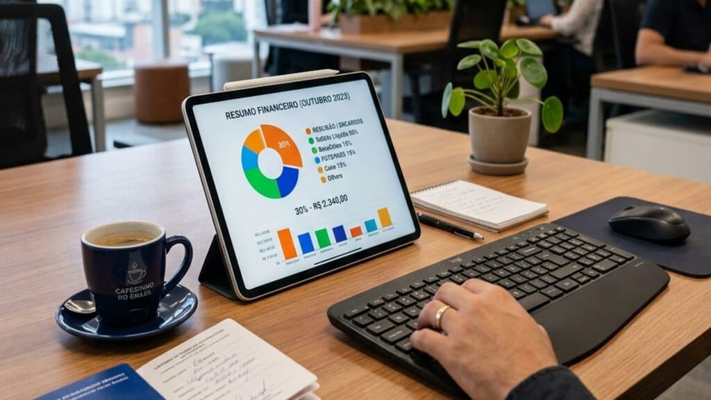 Carteira de trabalho e tablet com gráfico de rescisão contratual sobre mesa de escritório