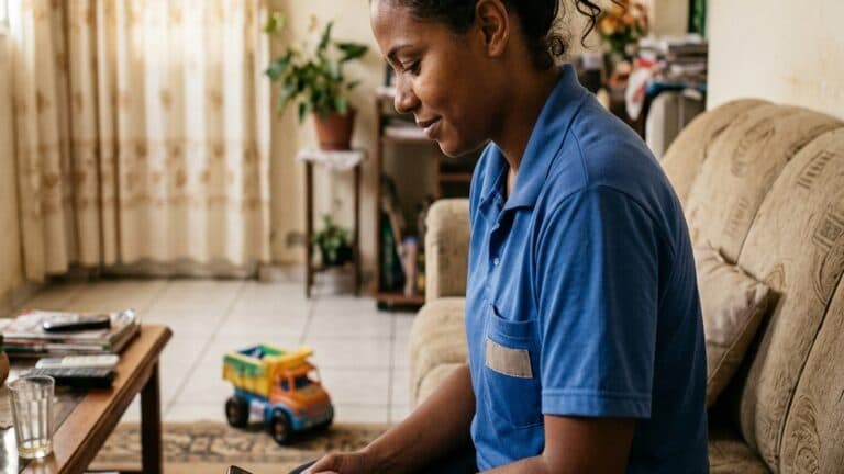 Mãe com carteira de trabalho assinada consultando as regras do Bolsa Família no celular em casa