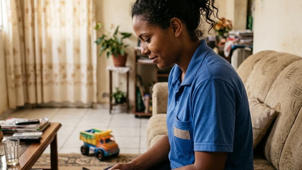 Mãe com carteira de trabalho assinada consultando as regras do Bolsa FamÃlia no celular em casa