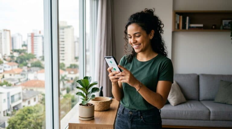 Trabalhadora brasileira comemorando recebimento de antecipação do saque-aniversário FGTS no celular