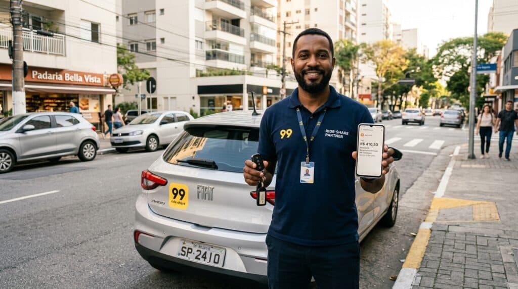 Motorista de aplicativo sorridente segurando chave de carro alugado e celular com comprovante de depósito