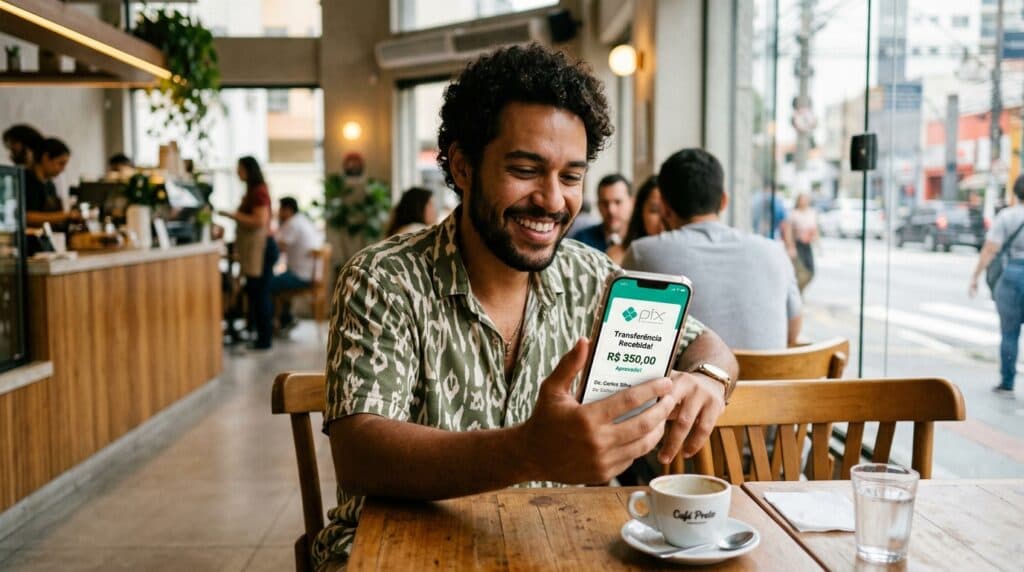 Jovem brasileiro sorrindo ao receber transferência Pix de antecipação do FGTS no celular