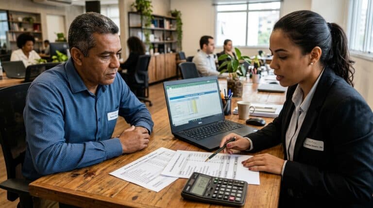 Trabalhador brasileiro e profissional de RH em mesa de escritório conferindo cálculo de rescisão com FGTS e multa