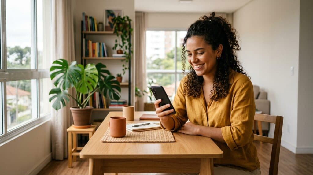 Trabalhadora brasileira consultando contratos e benefícios no aplicativo Carteira de Trabalho Digital