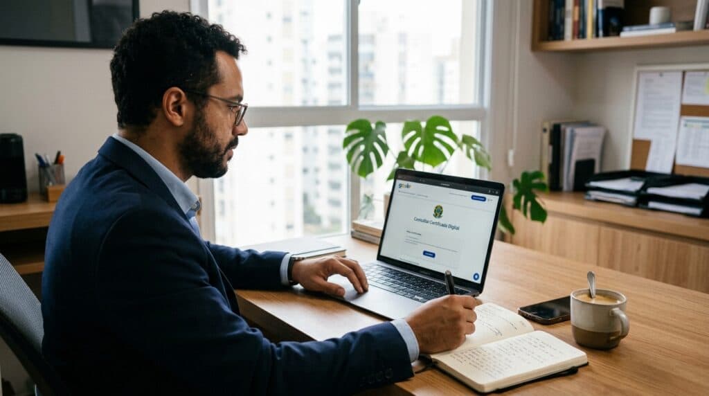 Pessoa consultando a certidão negativa de débitos da Receita Federal pelo portal e-CAC e Gov.br no notebook