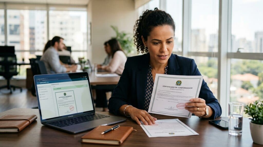 Profissional brasileira conferindo certificado oficial de regularidade do FGTS no escritório