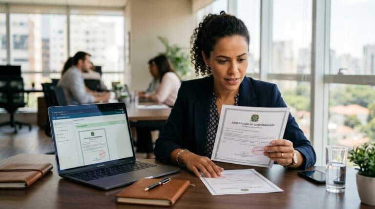 Profissional brasileira conferindo certificado oficial de regularidade do FGTS no escritório