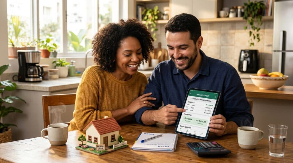 Casal brasileiro sorridente na mesa da cozinha conferindo aplicativo de amortização de financiamento no tablet