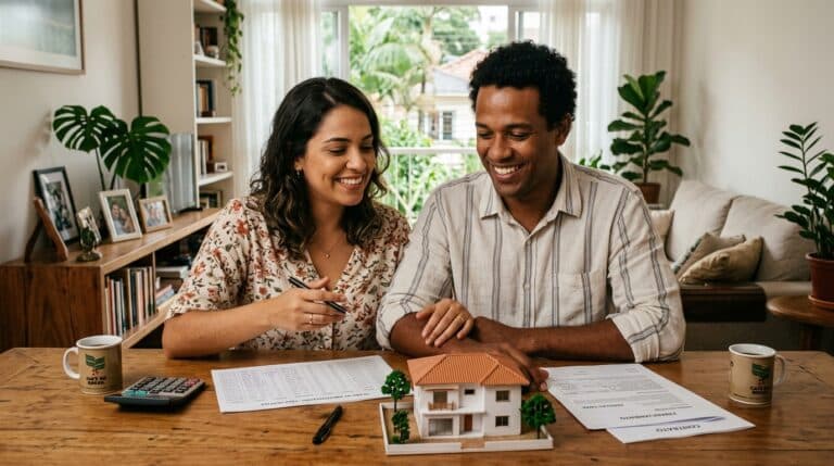 Casal brasileiro calculando amortização do financiamento imobiliário com maquete de casa na mesa