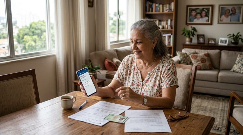 Aposentada brasileira revisando documentos e aplicativo do Meu INSS no celular sobre mesa de sala