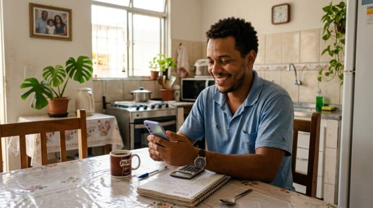 Trabalhador brasileiro sorridente conferindo o saldo do FGTS no celular na mesa da cozinha