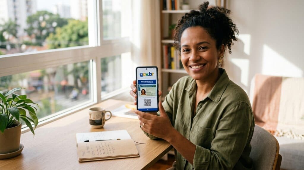 Trabalhadora brasileira segurando celular com tela de acesso do portal oficial Gov.br
