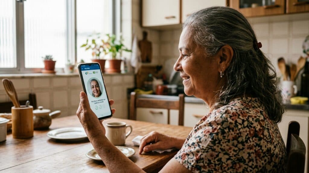 Aposentada brasileira realizando validação de biometria facial no celular para desbloqueio de benefício do INSS