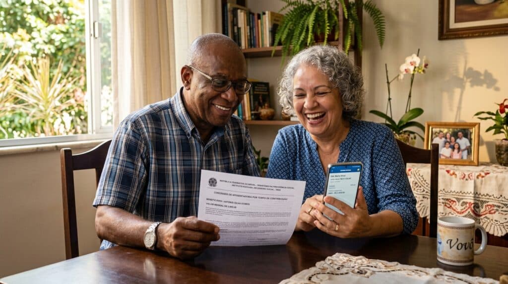 Casal de aposentados brasileiros sorridentes em casa conferindo carta de concessão do INSS e aplicativo bancário no celular