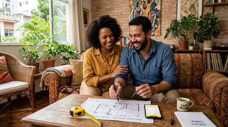 Casal brasileiro planejando reforma da casa própria com planta baixa, trena e celular na mão