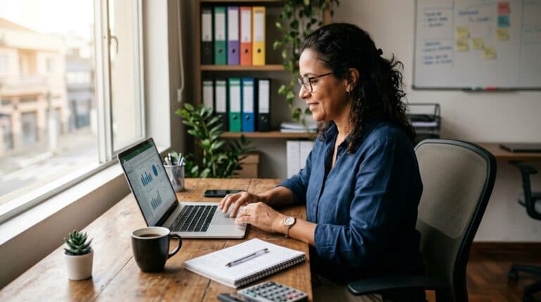 Profissional de contabilidade e empreendedora brasileira cadastrando empresa no DET Domicílio Eletrônico Trabalhista