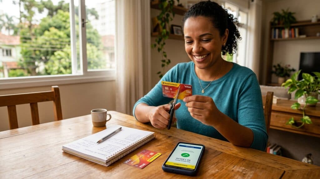 Pessoa brasileira sorridente em mesa de casa cortando cartão de crédito com tesoura e celular com comprovante de dívida quitada