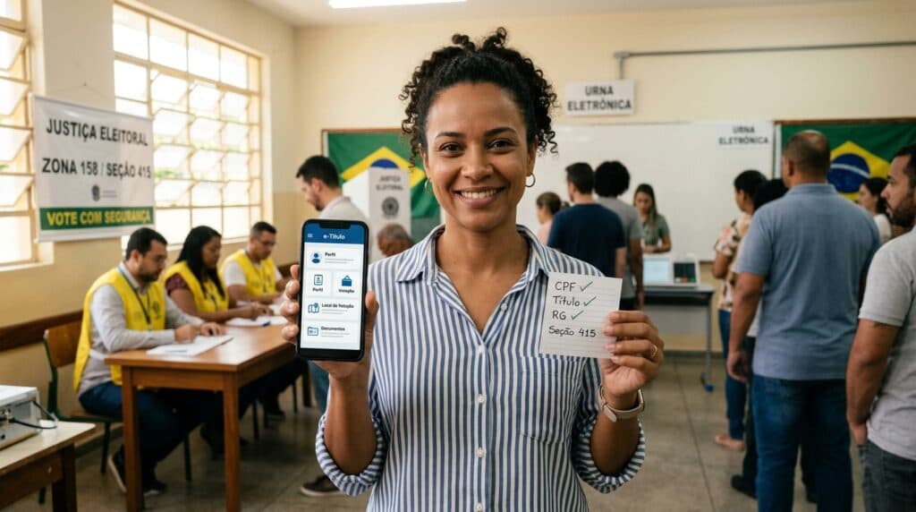 Eleitora brasileira com documento e-Título e colinha de votação para as Eleições 2026