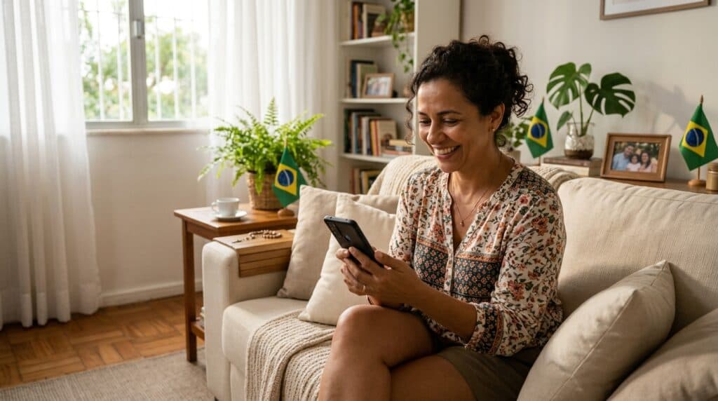 Mulher brasileira consultando informações sobre empréstimo e benefícios do Bolsa Família 2026 no celular