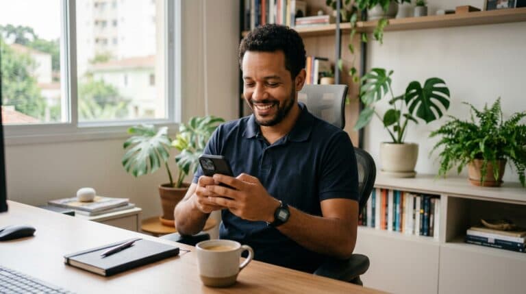Trabalhador CLT com carteira assinada simulando empréstimo para negativado no smartphone