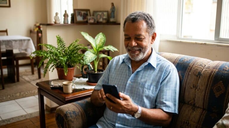 Aposentado do INSS consultando margem de empréstimo consignado no smartphone em casa