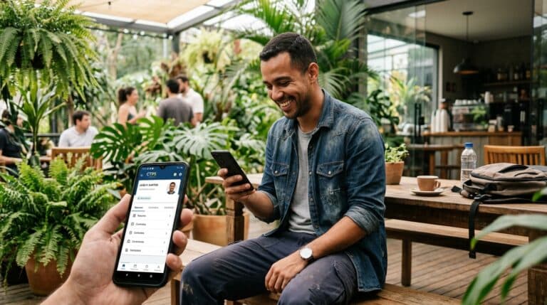 Trabalhador brasileiro com carteira assinada acessando aplicativo de empréstimo consignado no smartphone