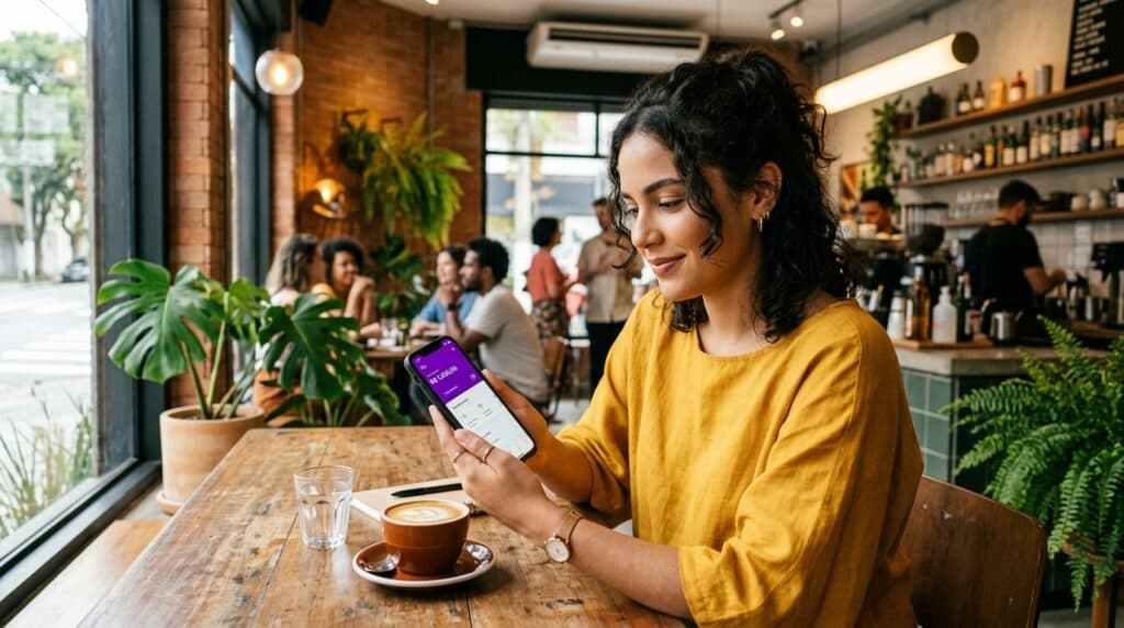 Jovem brasileira usando aplicativo de banco digital no smartphone em cafeteria moderna