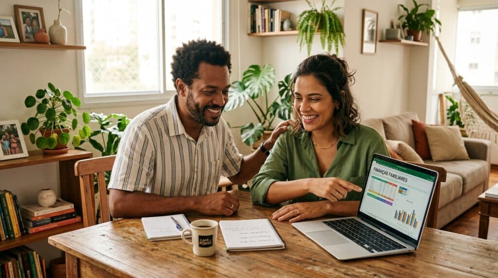 Casal brasileiro sorridente organizando finanças no computador portátil em casa