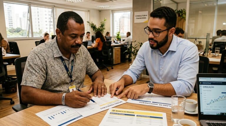 Consultor financeiro brasileiro apresentando opções seguras de empréstimo para cliente