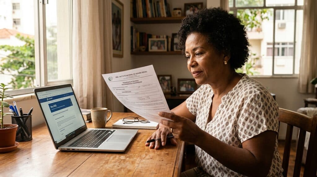 Trabalhadora brasileira conferindo extrato oficial do CNIS com computador portátil em casa