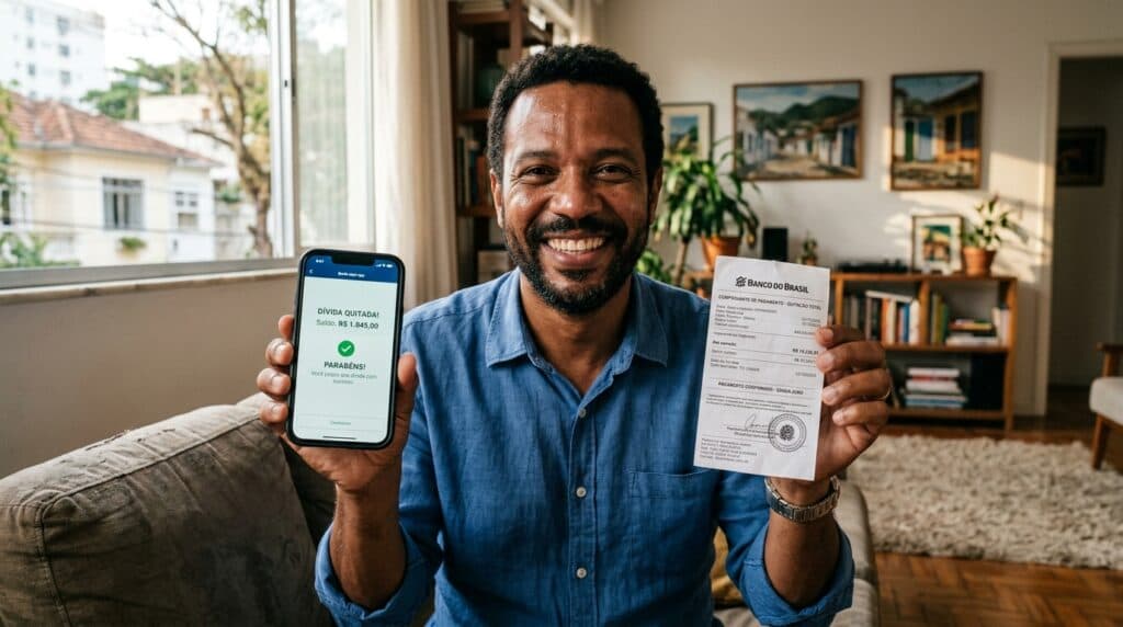 Brasileiro aliviado segurando comprovante de quitação de dívida e celular com o aplicativo do Serasa Limpa Nome