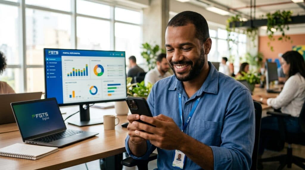 Trabalhador brasileiro sorridente conferindo extrato de depósitos do FGTS Digital no celular no escritório
