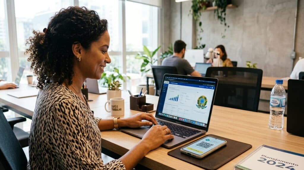 Profissional brasileira acessando portal FGTS Digital no computador com pagamento via Pix no smartphone