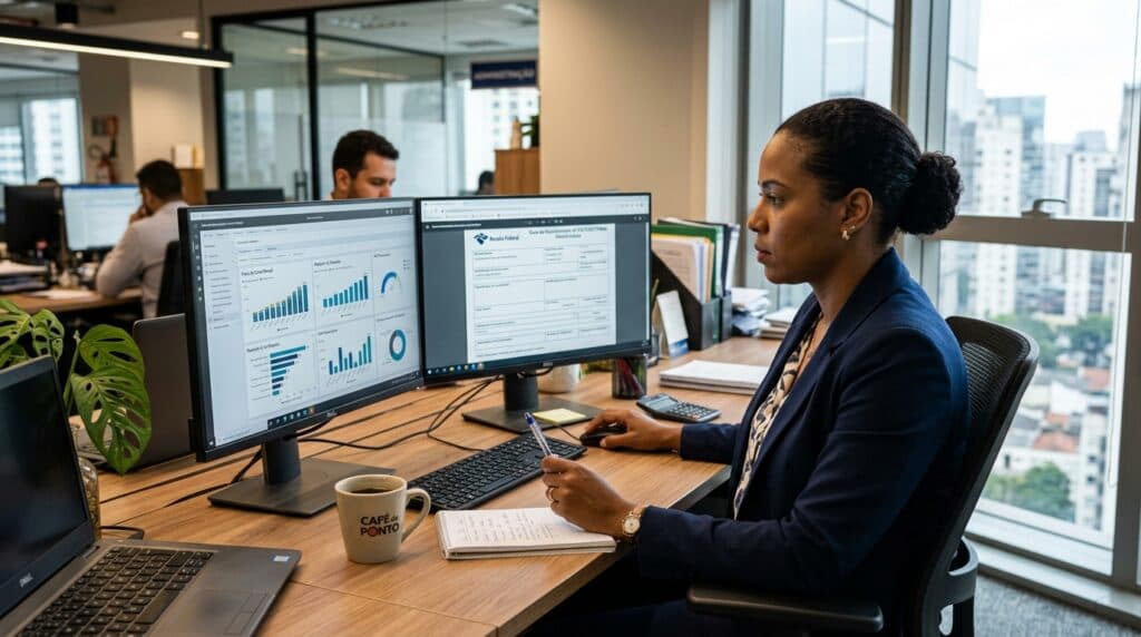 Administradora financeira brasileira no computador emitindo guias oficiais do FGTS Digital em escritório moderno