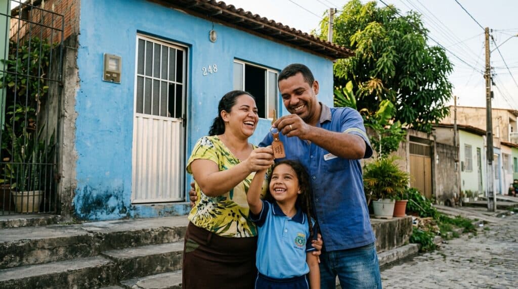 Família brasileira comemorando a conquista da chave da casa própria financiada pelo Minha Casa Minha Vida