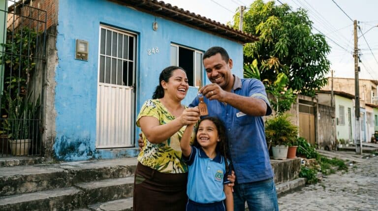 Família brasileira comemorando a conquista da chave da casa própria financiada pelo Minha Casa Minha Vida
