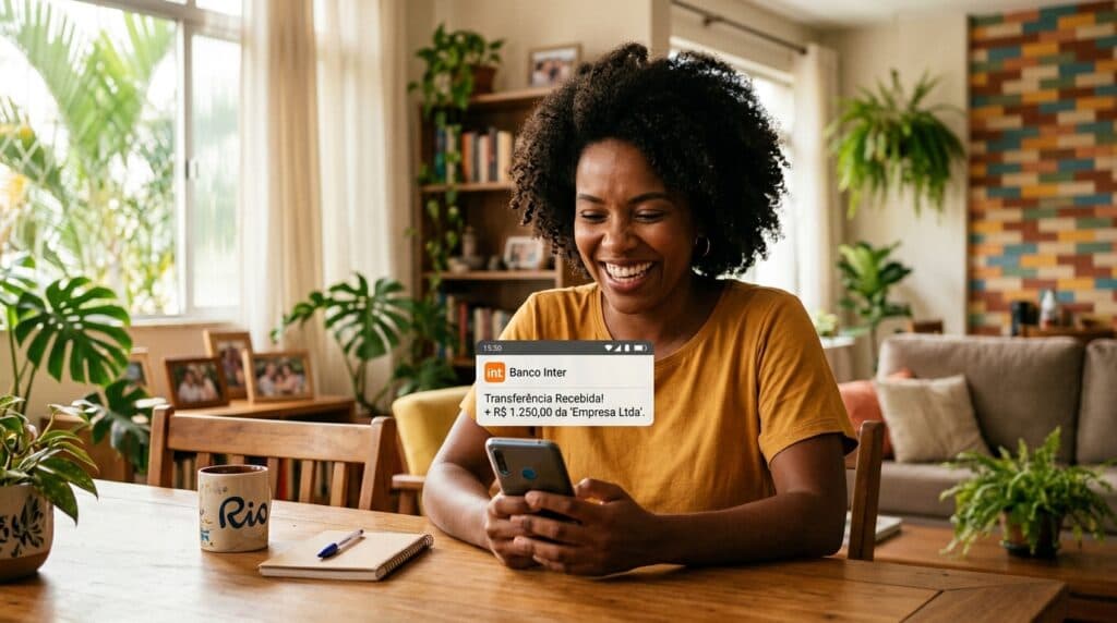 Mulher brasileira sorrindo ao receber notificação de crédito bancário do FGTS no celular