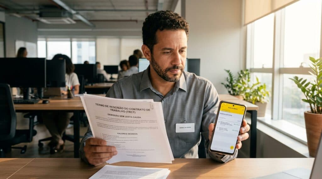 Trabalhador brasileiro em escritório com termo de rescisão de trabalho e celular mostrando depósito da multa de 40 do FGTS
