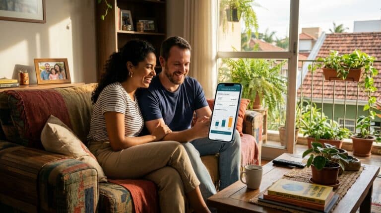 Casal brasileiro consultando proposta de antecipação FGTS e crédito Good Empréstimo no celular com tranquilidade