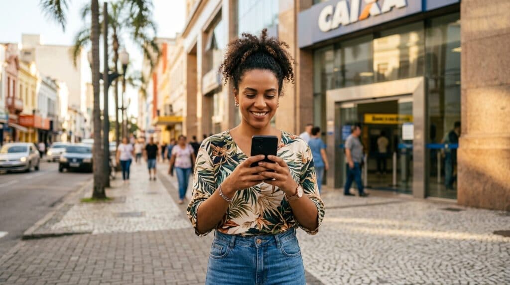 Mulher consultando saldo de FGTS e operações bancárias pelo celular em frente a agência da Caixa