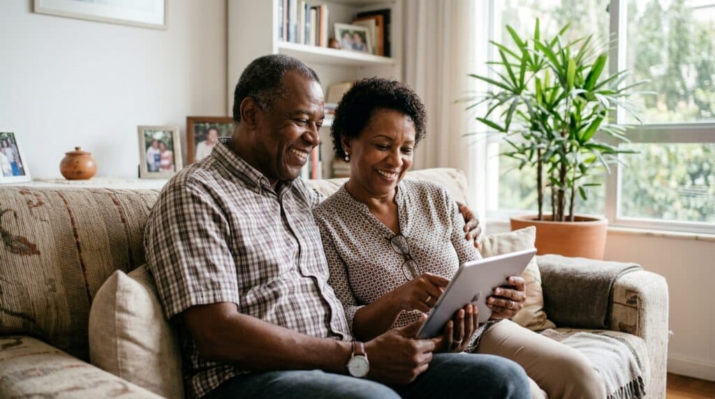 Casal de aposentados brasileiros consultando extrato do Meu INSS em tablet