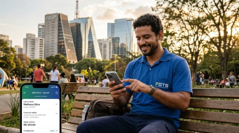 Trabalhador brasileiro consultando o aplicativo oficial do FGTS e extrato digital no smartphone com tranquilidade