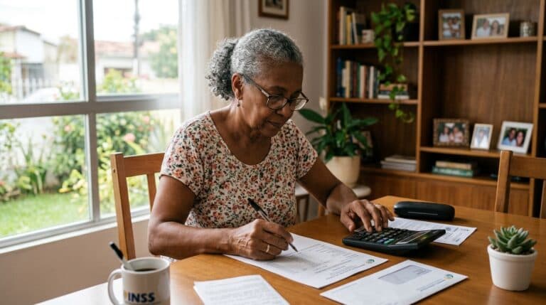 Aposentado brasileiro fazendo cálculo financeiro no contracheque do INSS e na calculadora com anotações em mesa organizada