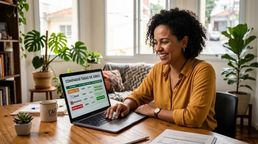 Consumidora brasileira comparando taxas de juros de empréstimo no notebook em casa