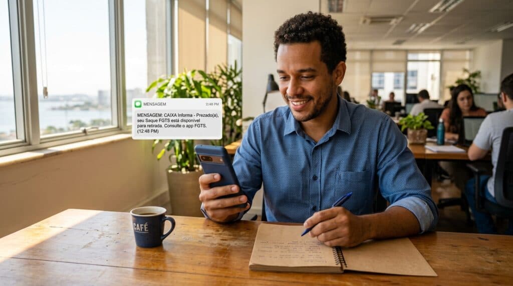 Trabalhador brasileiro em escritório conferindo notificação de saque do FGTS disponível no celular sobre mesa de trabalho