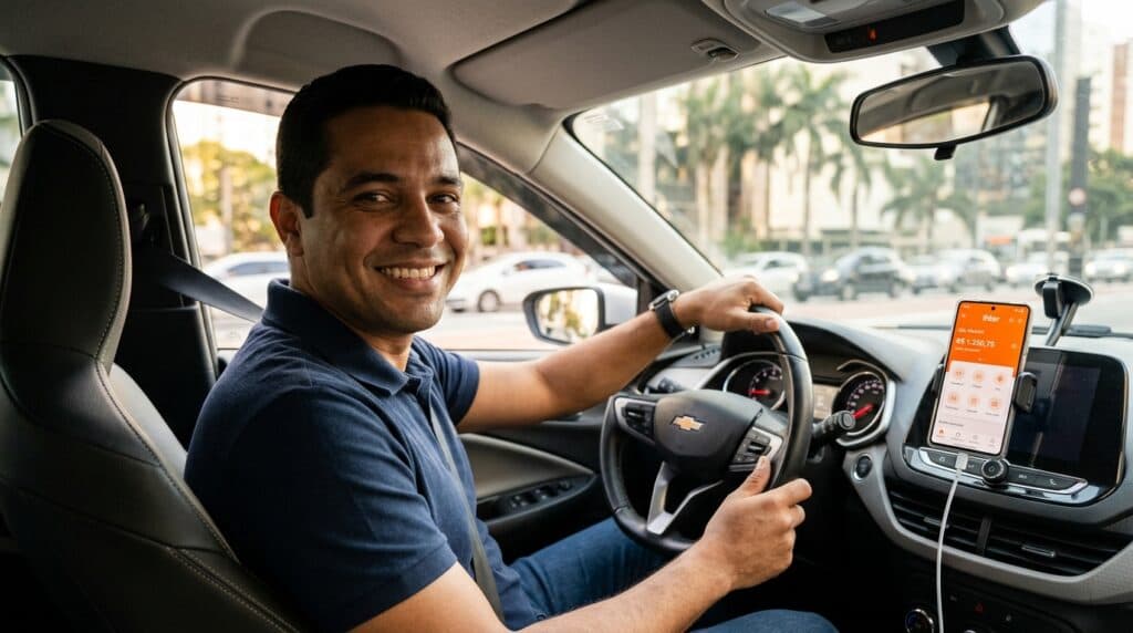 Motorista de aplicativo sorridente dirigindo carro moderno com celular e aplicativo financeiro no painel