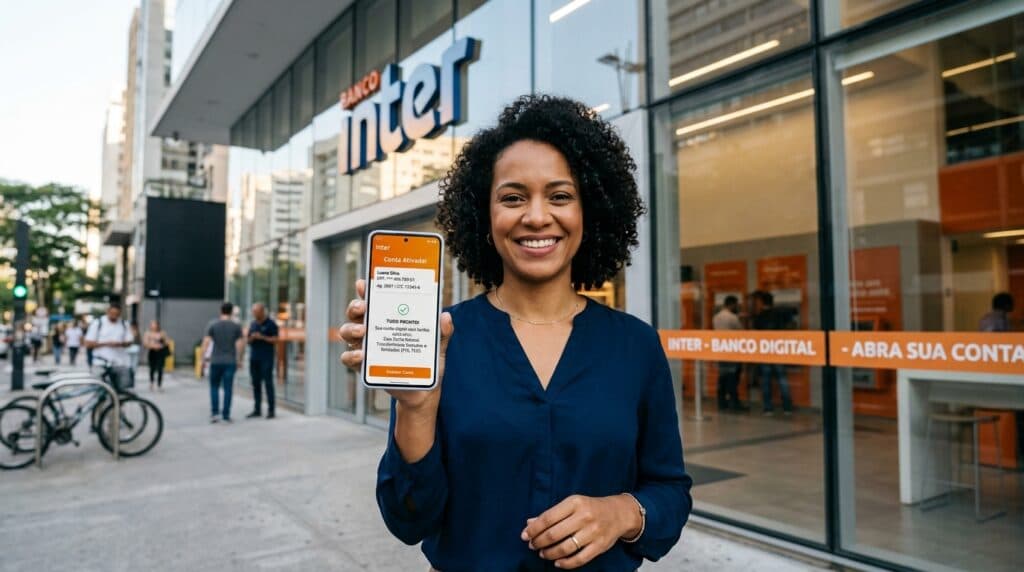 Consumidora brasileira sorridente segurando celular com comprovante de conta bancária sem tarifas em frente a agência bancária moderna