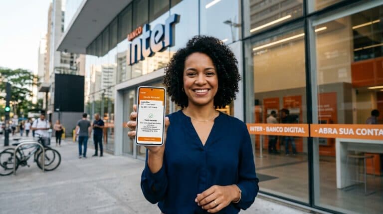 Consumidora brasileira sorridente segurando celular com comprovante de conta bancária sem tarifas em frente a agência bancária moderna